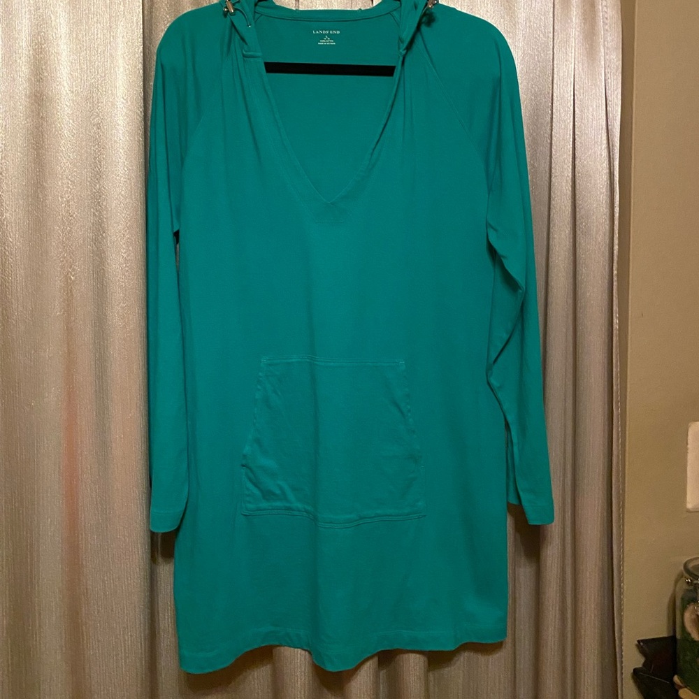 GREEN! Lands End Cotton Hoodie Long Top Cover Up Size Large 14 16